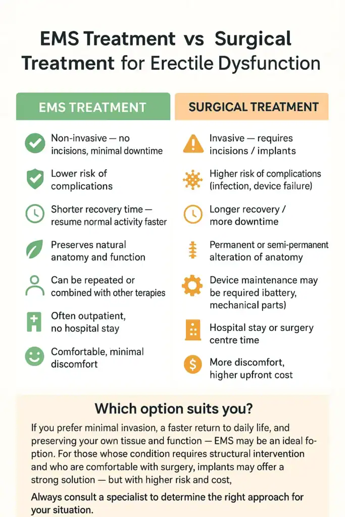 A table showing the benefits of EMS chair for erectile dysfunction treatment Liverpool compared to surgery.